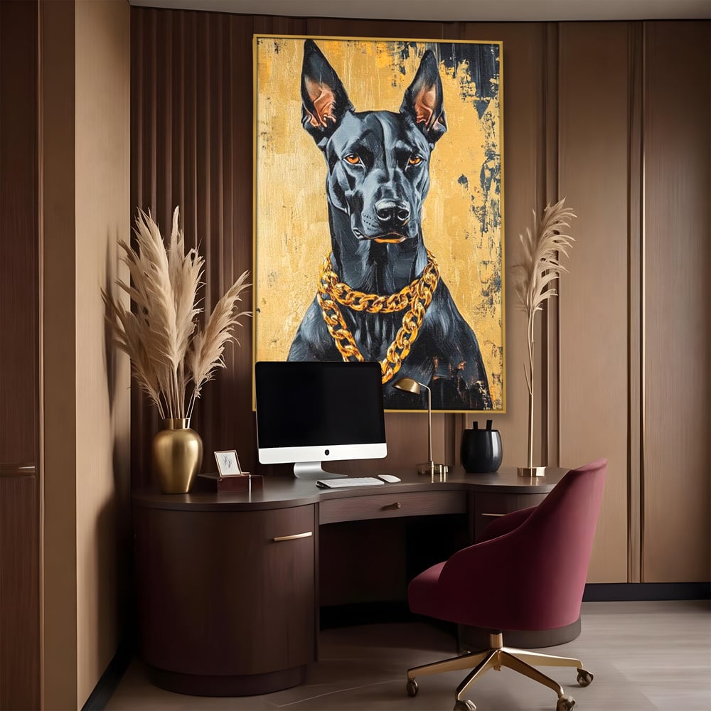 Tablou canvas cu tablou canvas cu doberman negru, in rama de aluminiu auriu, pe perete intr-un birou